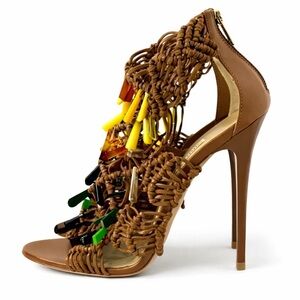 Jimmy Choo Woven Leather Cage Sandals Resin Multicolor Charm Stiletto Heels